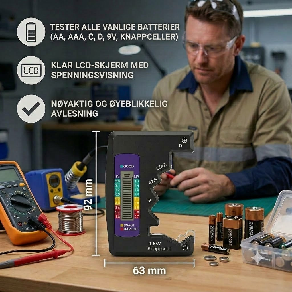 Digital batteritester med LCD-skjerm – kan måle kapasiteten til AA, AAA, C, D, 9V og knappebatterier 🔋