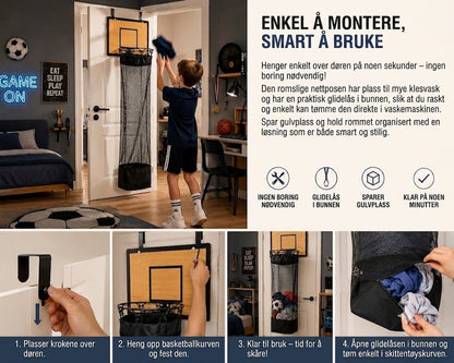 Dørhengt skittentøyskurv: 2-i-1 basketballkurv og skittentøyskurv 🏀