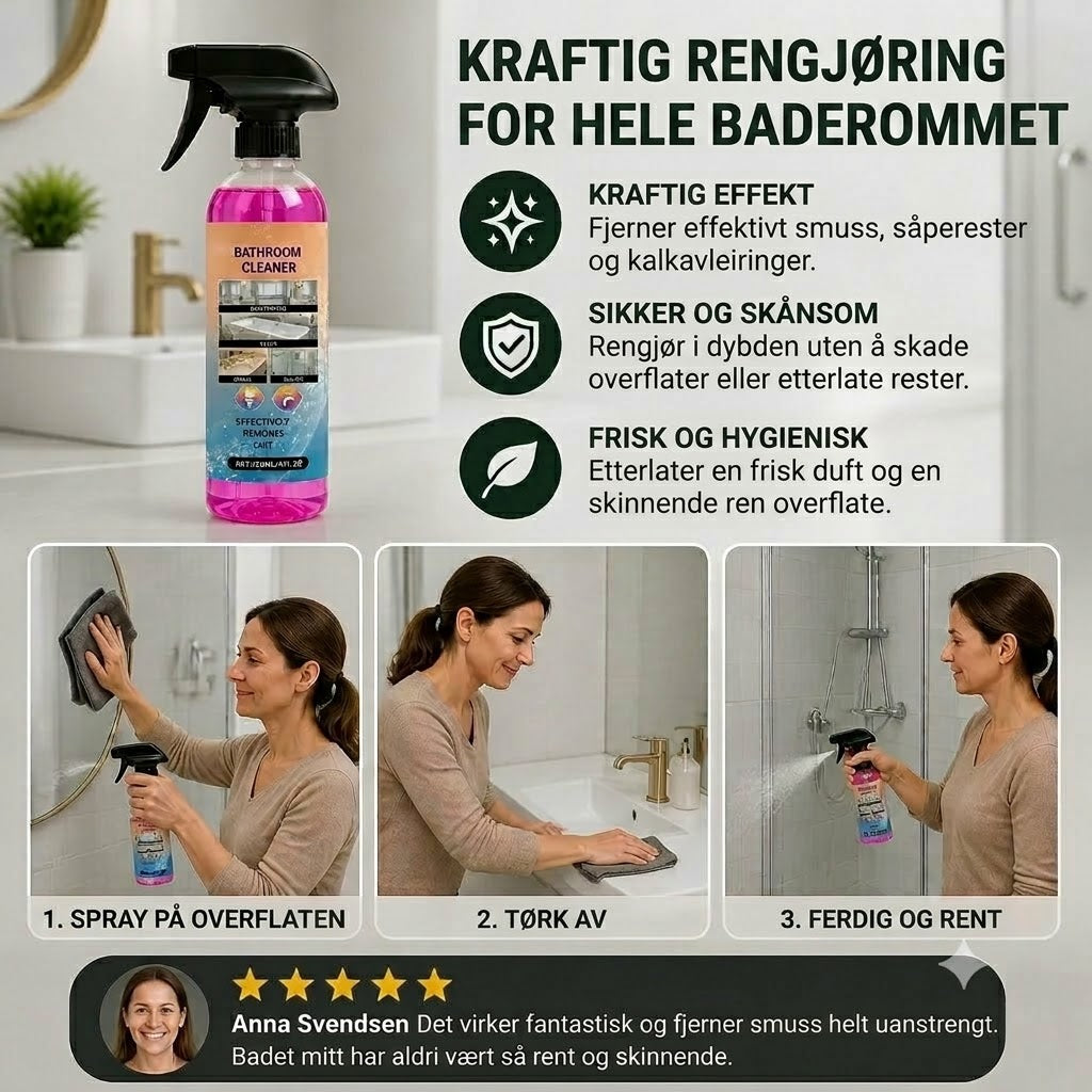 Baderomsrens – Universalrengjøringsmiddel egnet for badekar, vasker og glass.