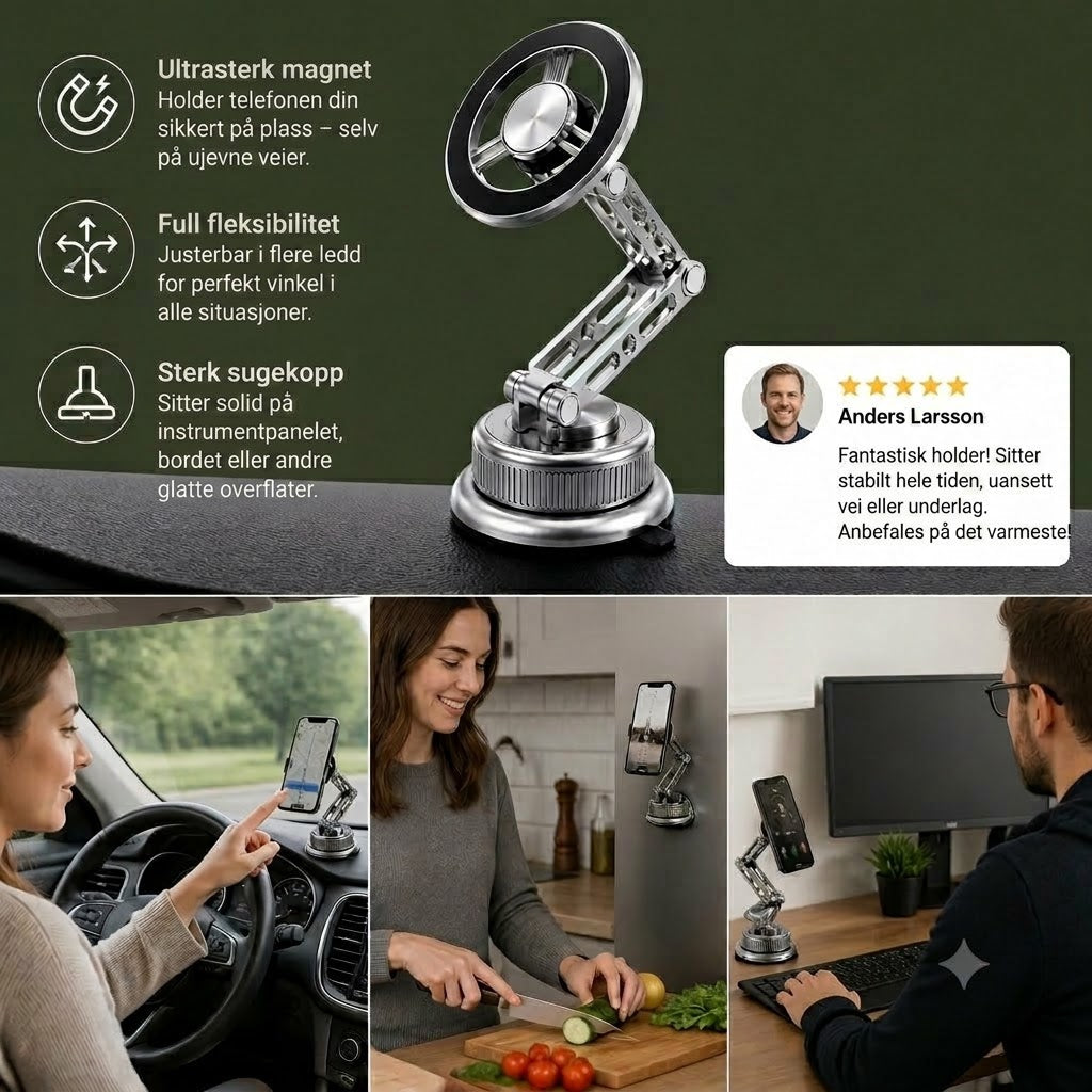 Mobilholder til bil i helmetall med supersterke magneter og sugekopp