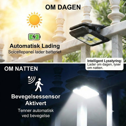Praktisk solcellelampe med klemme og bevegelsessensor