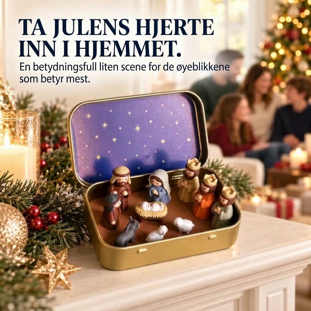 Bærbar mini julekrybbe i metallboks – Håndlaget krybbespill i lommeformat