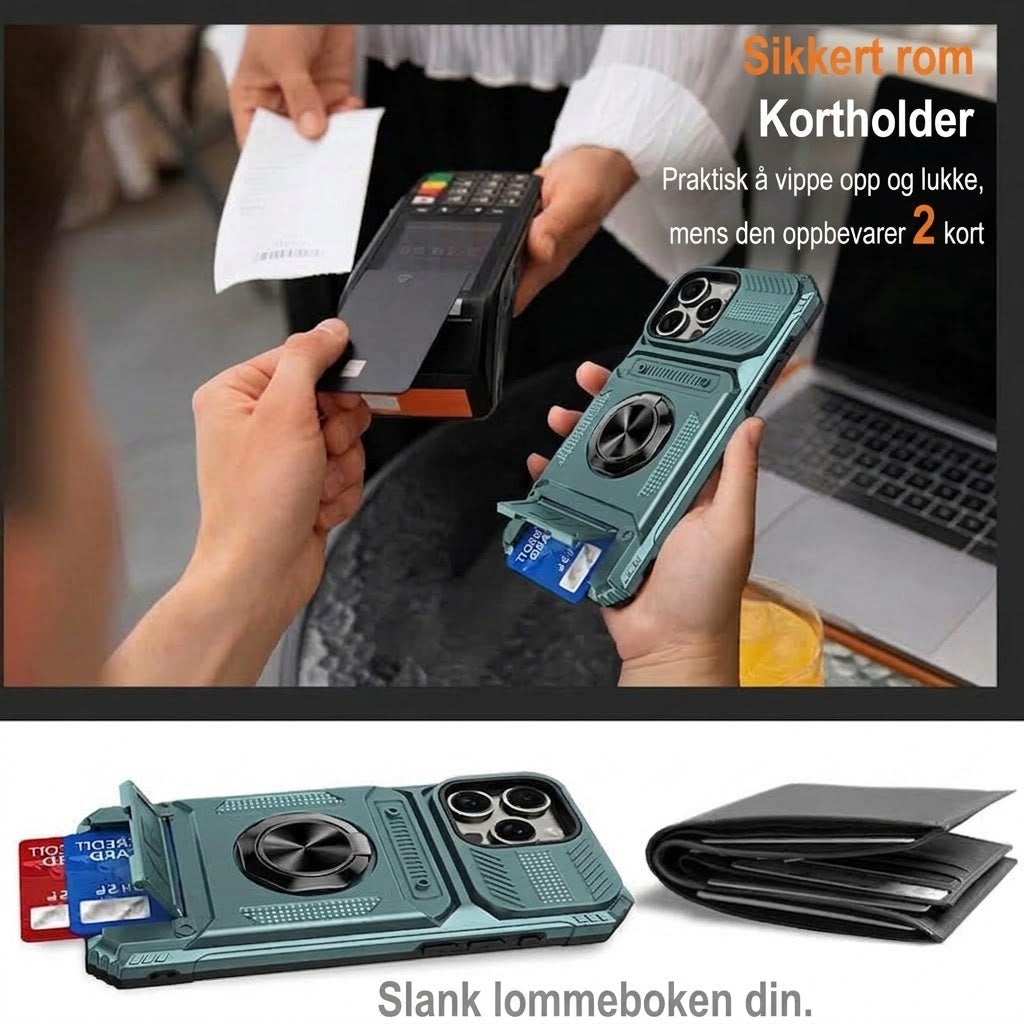 Støtsikkert iPhone-deksel med kortholder og integrert ringstativ