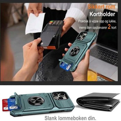 Støtsikkert iPhone-deksel med kortholder og integrert ringstativ