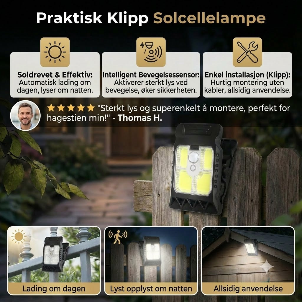 Praktisk solcellelampe med klemme og bevegelsessensor