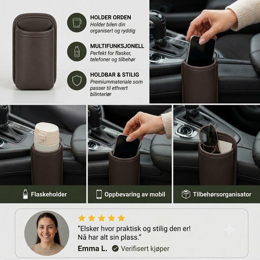 Universell koppholder og multifunksjonell oppbevaringsholder til bil – Plass til drikkeflaske og tilbehør