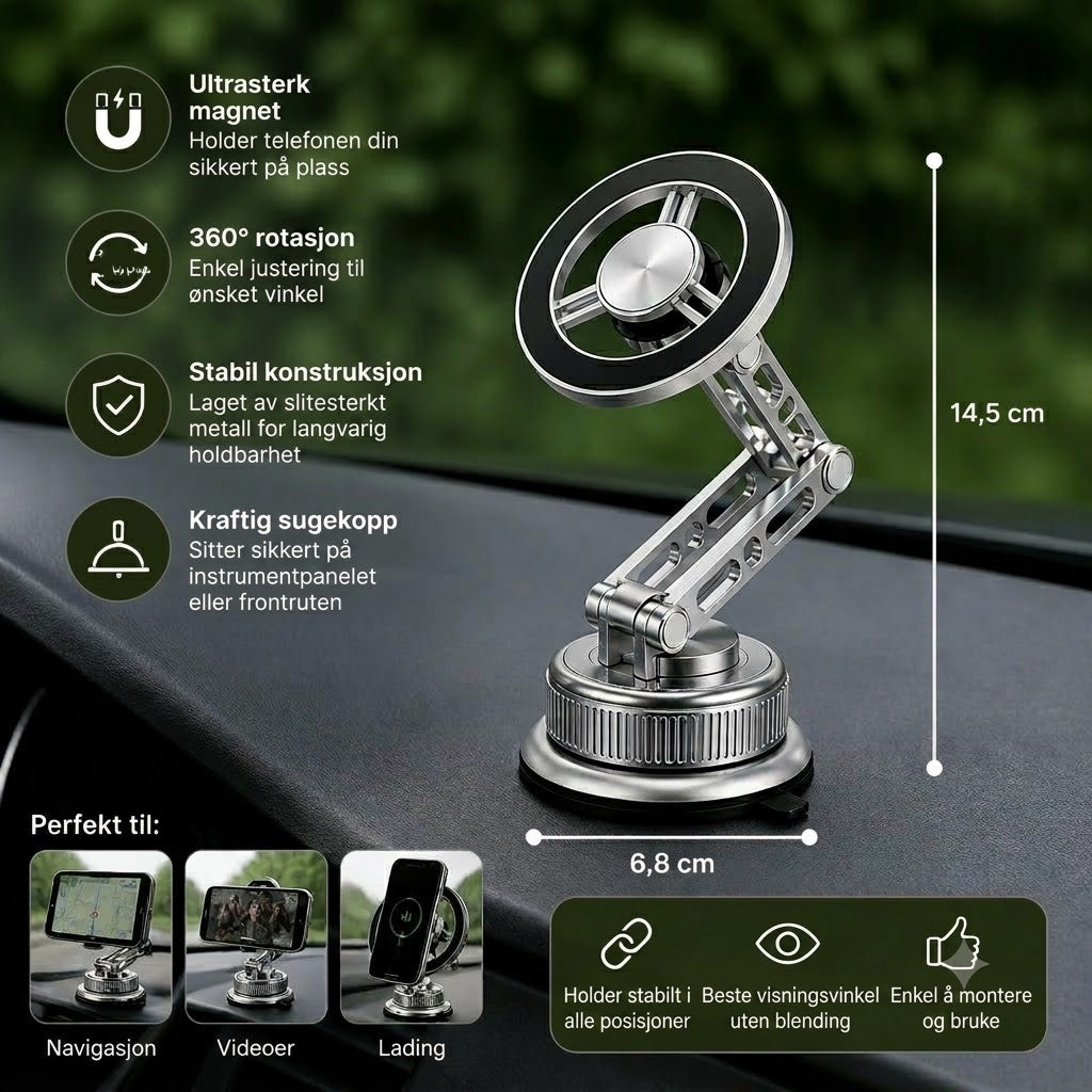 Mobilholder til bil i helmetall med supersterke magneter og sugekopp