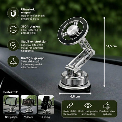Mobilholder til bil i helmetall med supersterke magneter og sugekopp