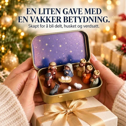 Bærbar mini julekrybbe i metallboks – Håndlaget krybbespill i lommeformat