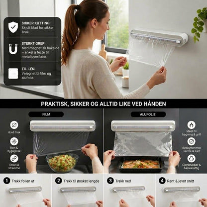 Magnetisk veggmontert dispenser for aluminiumsfolie og plastfolie, med sikkerhetskutter.