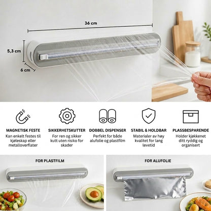 Magnetisk veggmontert dispenser for aluminiumsfolie og plastfolie, med sikkerhetskutter.