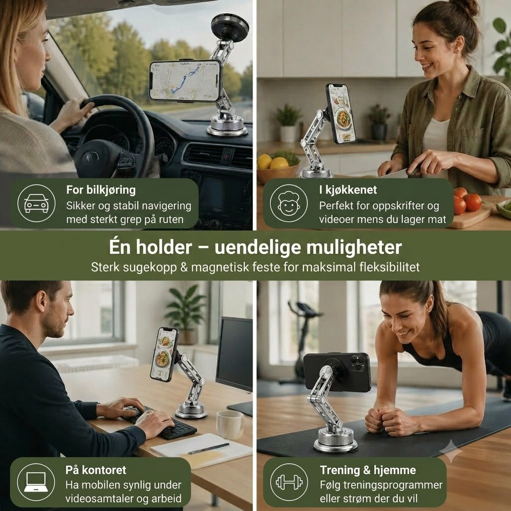 Mobilholder til bil i helmetall med supersterke magneter og sugekopp