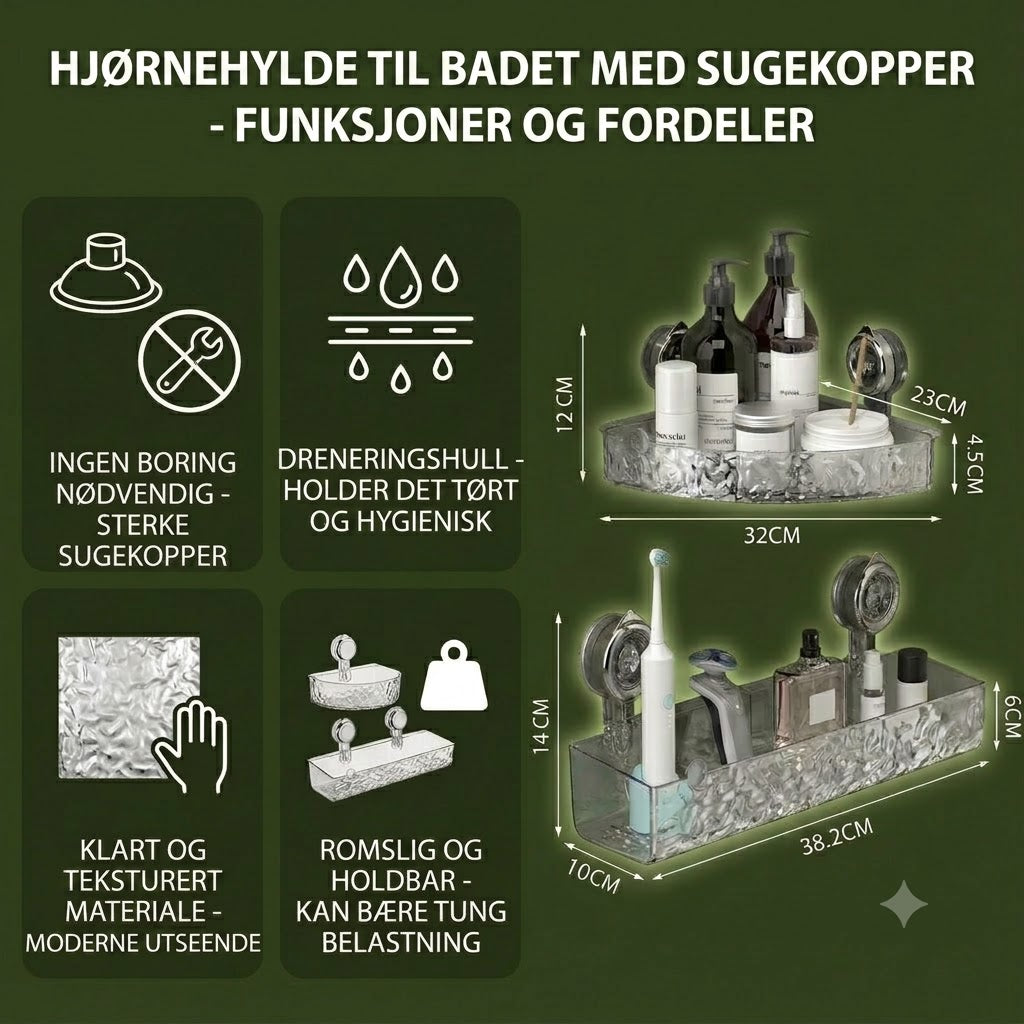 Hjørnehylle til baderom med sugekopper - uten boring