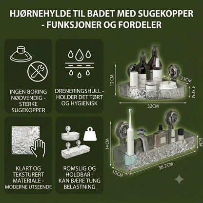 Hjørnehylle til baderom med sugekopper - uten boring