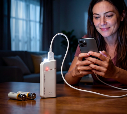 AA-batteridrevet powerbank med LED-lommelykt – gir ekstra strøm til mobilen i nødssituasjoner