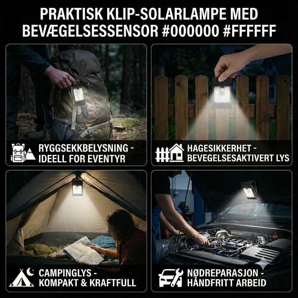 Praktisk solcellelampe med klemme og bevegelsessensor