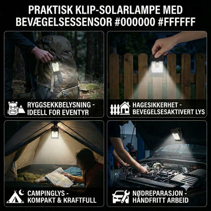 Praktisk solcellelampe med klemme og bevegelsessensor