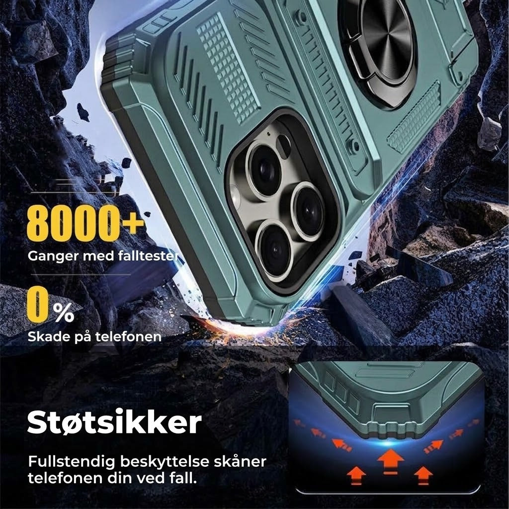 Støtsikkert iPhone-deksel med kortholder og integrert ringstativ