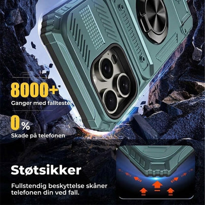 Støtsikkert iPhone-deksel med kortholder og integrert ringstativ