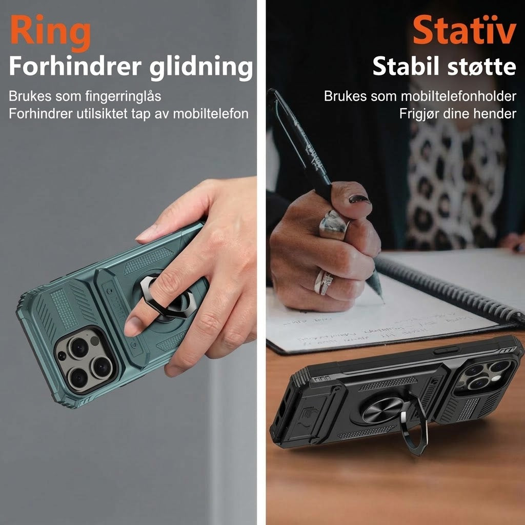 Støtsikkert iPhone-deksel med kortholder og integrert ringstativ