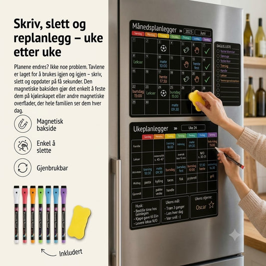 Magnetisk familieplanlegger – Måneds-, uke- og dagsplan