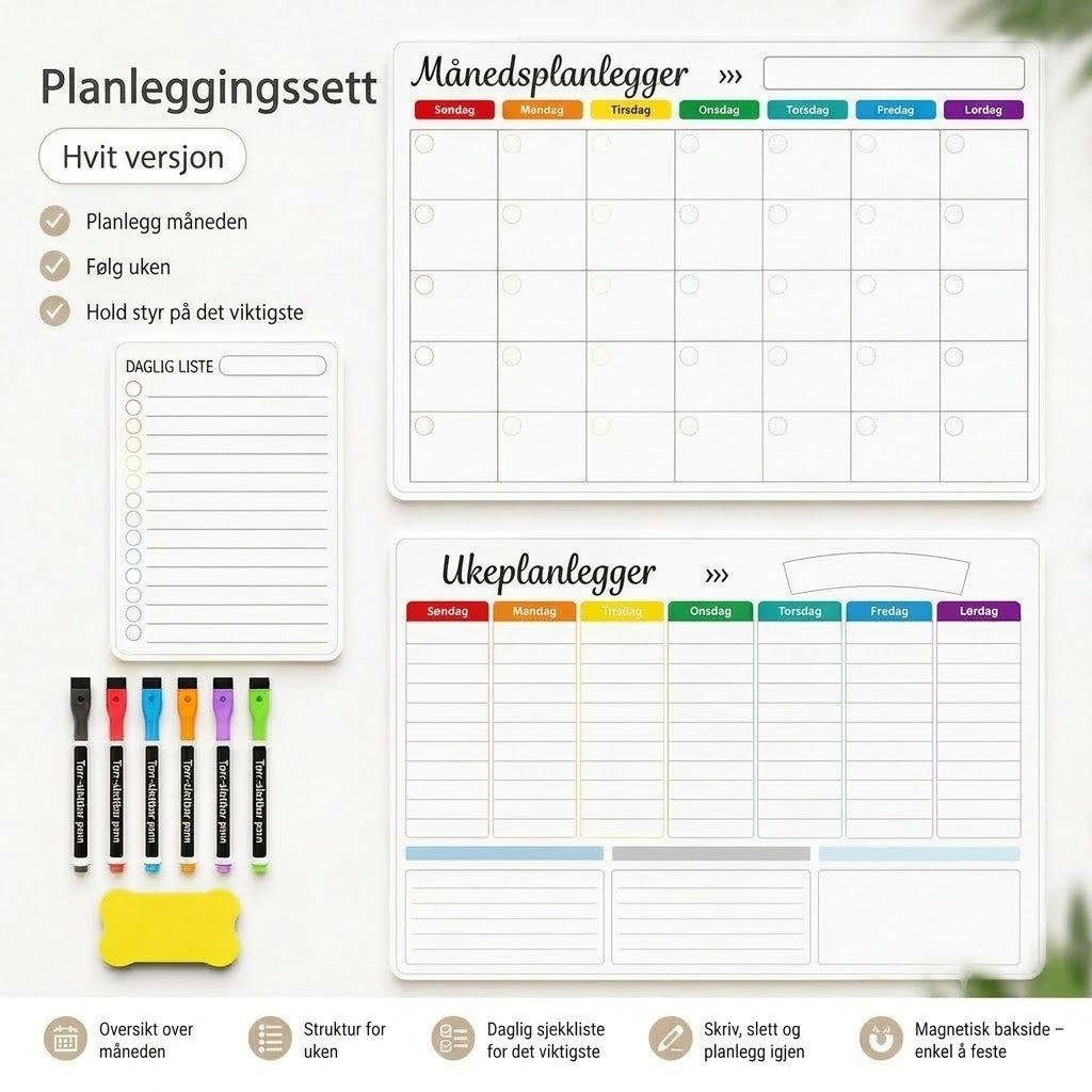 Magnetisk familieplanlegger – Måneds-, uke- og dagsplan
