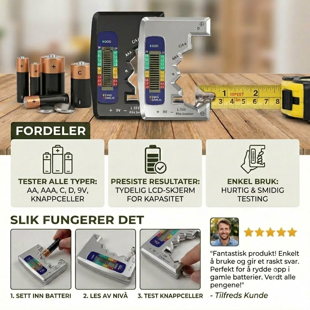 Digital batteritester med LCD-skjerm – kan måle kapasiteten til AA, AAA, C, D, 9V og knappebatterier 🔋