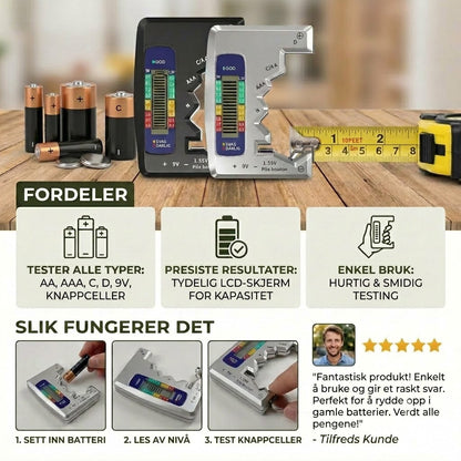 Digital batteritester med LCD-skjerm – kan måle kapasiteten til AA, AAA, C, D, 9V og knappebatterier 🔋