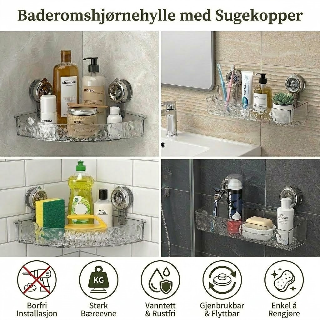 Hjørnehylle til baderom med sugekopper - uten boring