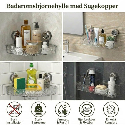 Hjørnehylle til baderom med sugekopper - uten boring