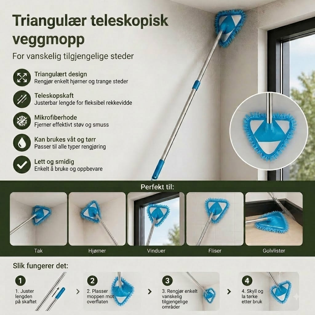 🔥 Tidsbegrenset tilbud: 50 % rabatt ❗️❗️ Trekantet uttrekkbar veggmopp, rengjør enkelt vanskelig tilgjengelige hjørner.