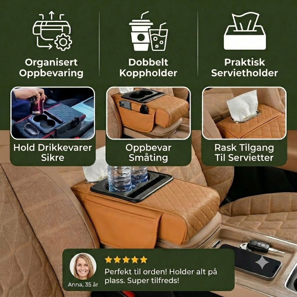 Multifunksjonell oppbevaringsveske for bilens armlene - med koppholder og innebygde rom