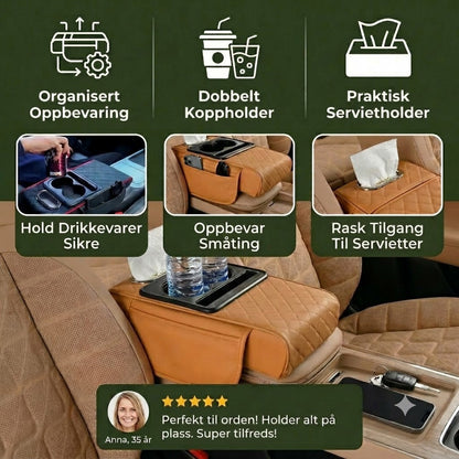 Multifunksjonell oppbevaringsveske for bilens armlene - med koppholder og innebygde rom