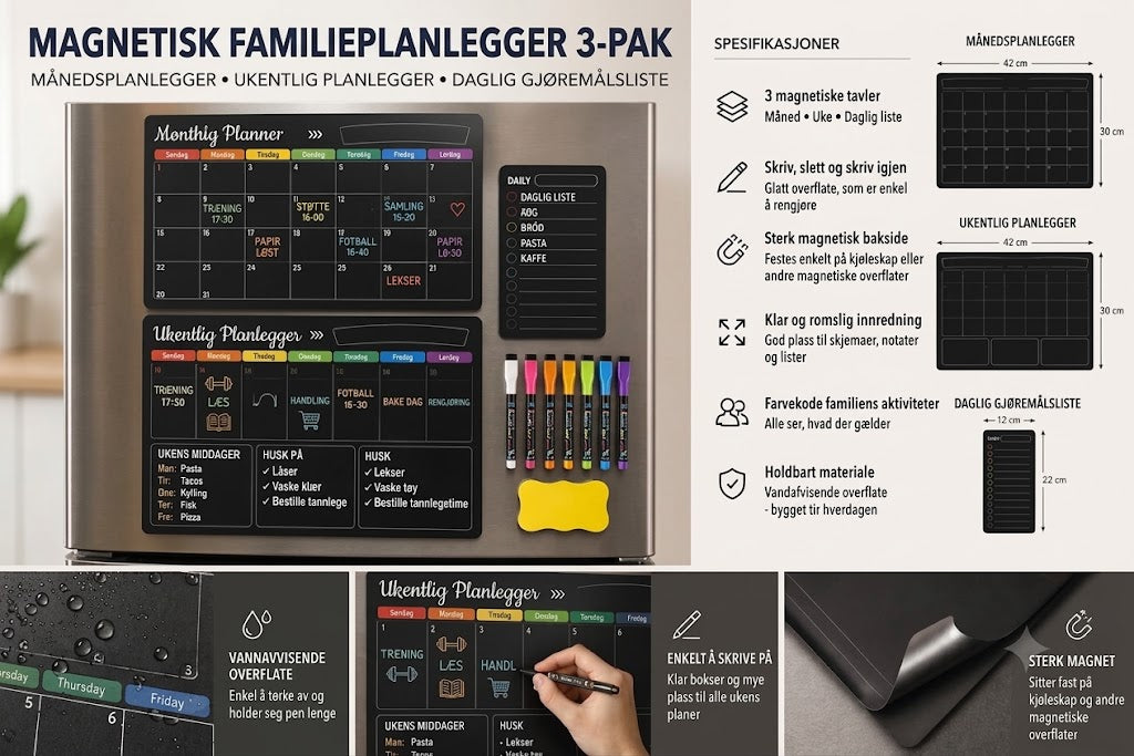 Magnetisk familieplanlegger – Måneds-, uke- og dagsplan
