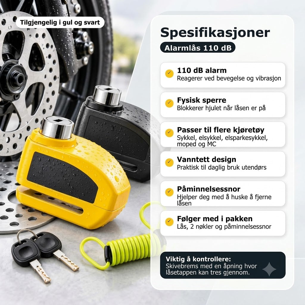 110 dB skivebremselås med alarm – Passer for sykler, mopeder og motorsykler