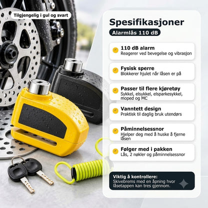 110 dB skivebremselås med alarm – Passer for sykler, mopeder og motorsykler