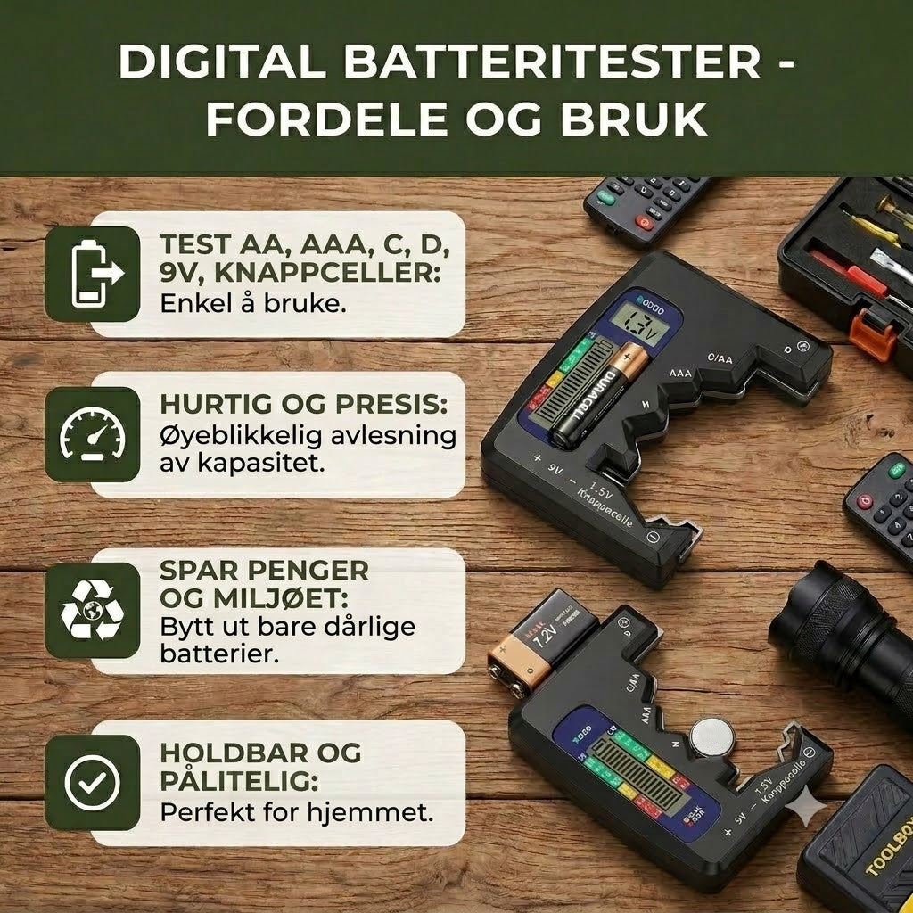 Digital batteritester med LCD-skjerm – kan måle kapasiteten til AA, AAA, C, D, 9V og knappebatterier 🔋
