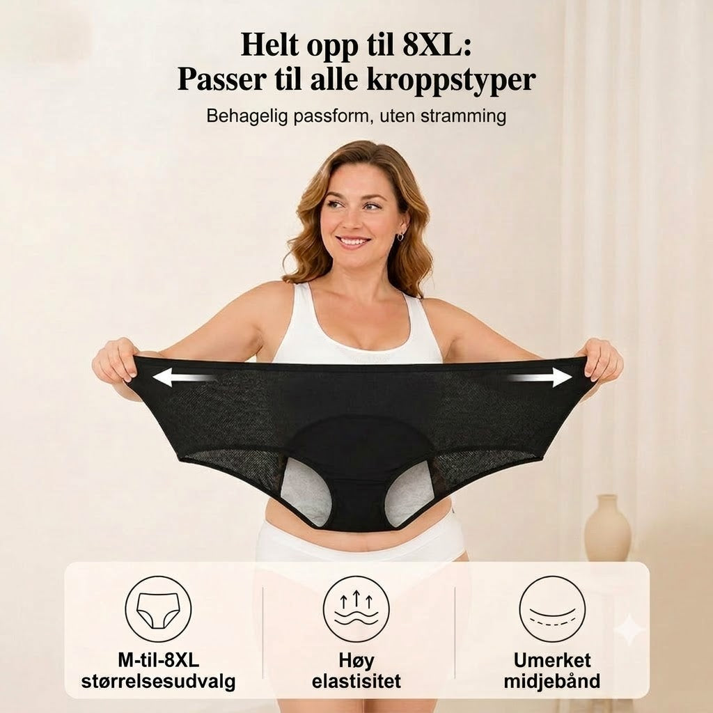 Lekkasjesikker menstruse med høyt liv, dobbel beskyttelse foran og bak – forhindrer effektivt sidelekkasje