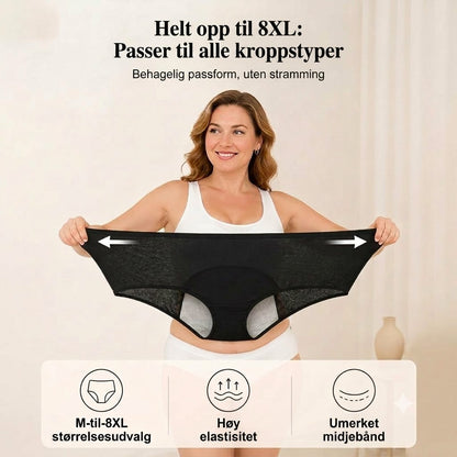 Lekkasjesikker menstruse med høyt liv, dobbel beskyttelse foran og bak – forhindrer effektivt sidelekkasje