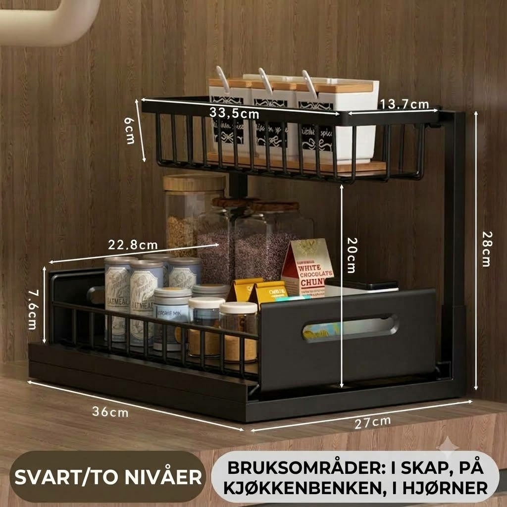 2-lags uttrekkbar oppbevaringshylle til underskap