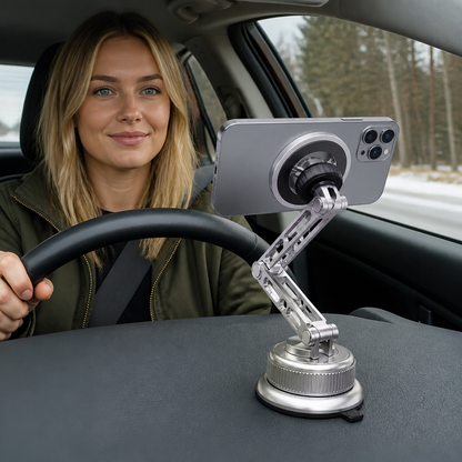 Mobilholder til bil i helmetall med supersterke magneter og sugekopp