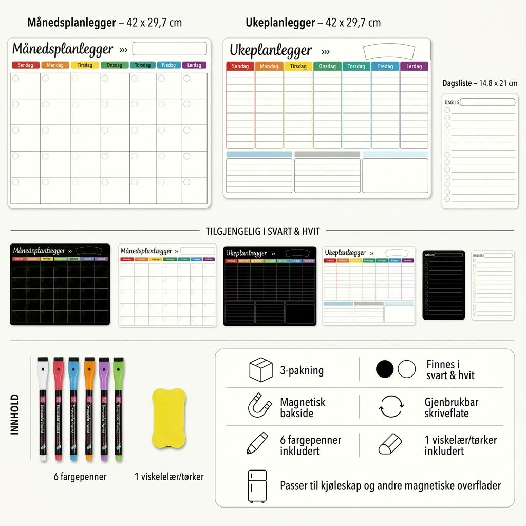 Magnetisk familieplanlegger – Måneds-, uke- og dagsplan