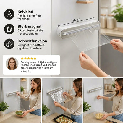 Magnetisk veggmontert dispenser for aluminiumsfolie og plastfolie, med sikkerhetskutter.