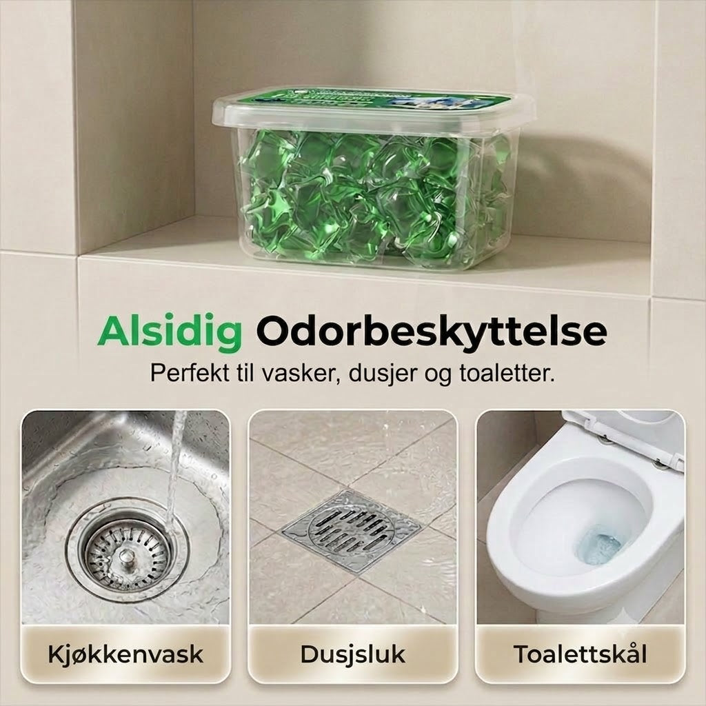 Tabletter for avløpsåpning og luktfjerning