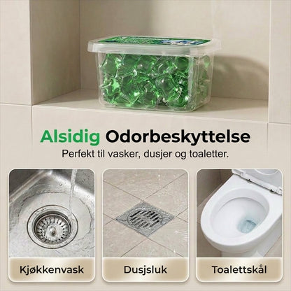 Tabletter for avløpsåpning og luktfjerning