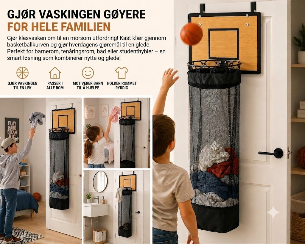Dørhengt skittentøyskurv: 2-i-1 basketballkurv og skittentøyskurv 🏀