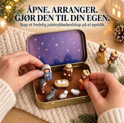 Bærbar mini julekrybbe i metallboks – Håndlaget krybbespill i lommeformat