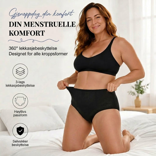 Lekkasjesikker menstruse med høyt liv, dobbel beskyttelse foran og bak – forhindrer effektivt sidelekkasje