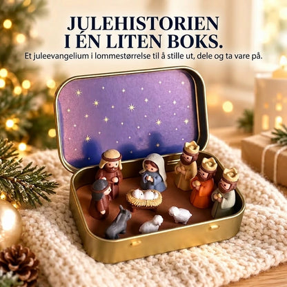 Bærbar mini julekrybbe i metallboks – Håndlaget krybbespill i lommeformat
