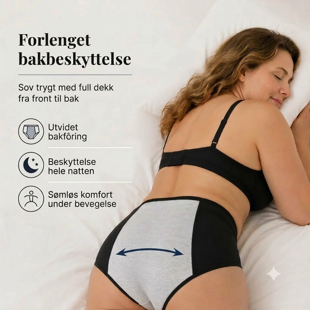 Lekkasjesikker menstruse med høyt liv, dobbel beskyttelse foran og bak – forhindrer effektivt sidelekkasje